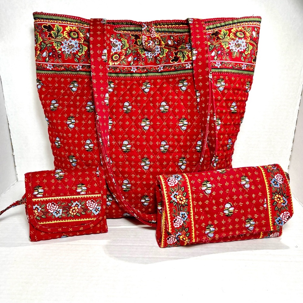 Vera Bradley RARE Provincial Red Floral Shoulder Bag Tote 3 piece set Retired